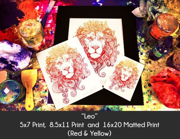 Photo of Leo Lion in 5x7 Print, 8.5x11 Print and 16x20 matted print on an etching inking station to show size difference