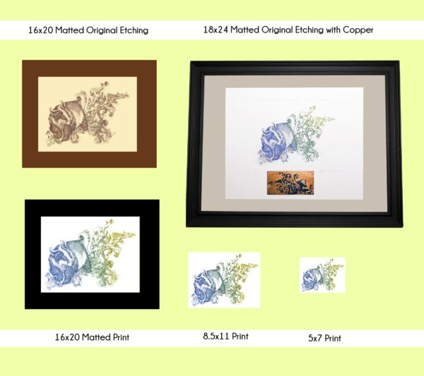 All products of Broc Badger in every size: 5x7 print, 8.5x11 print, 16x20 matted print, 16x20 matted original etching and 18x24 matted original etching with copper displayed together on a wall