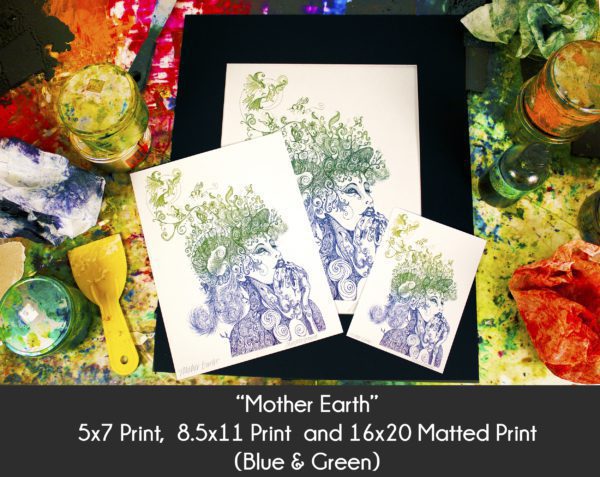 Photo of Mother Earth products in 5x7 Print, 8.5x11 Print and 16x20 matted print on an etching inking station to display size differences in the blue and green color option only
