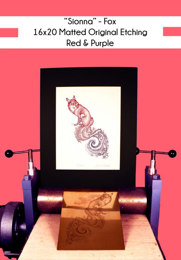 16x20 inch Matted oSionna Fox in Red and Purple on a printing press with the original copper plate
