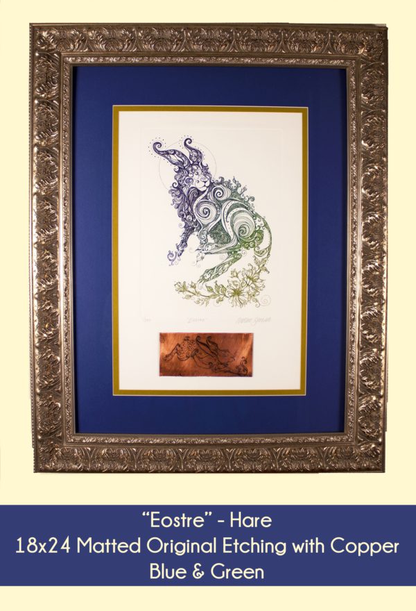 Rabbit art Eostre Hare in 18x24 inch matted original etching with copper in the blue and green color option. Blue and gold double mat, White Paper and Blue and Green inks.